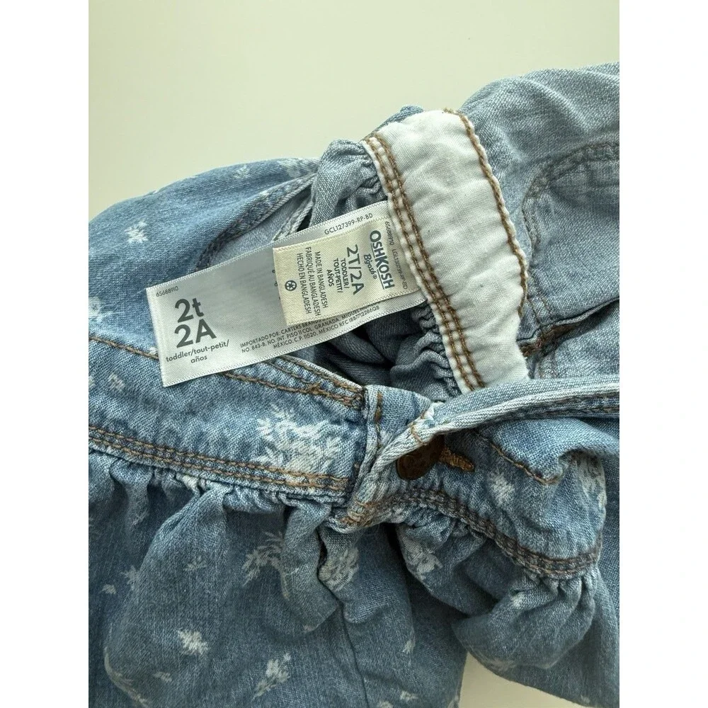 OshKosh B’gosh Denim Overall Dress Jumper 2T Floral Print Blue Chambray Skirt